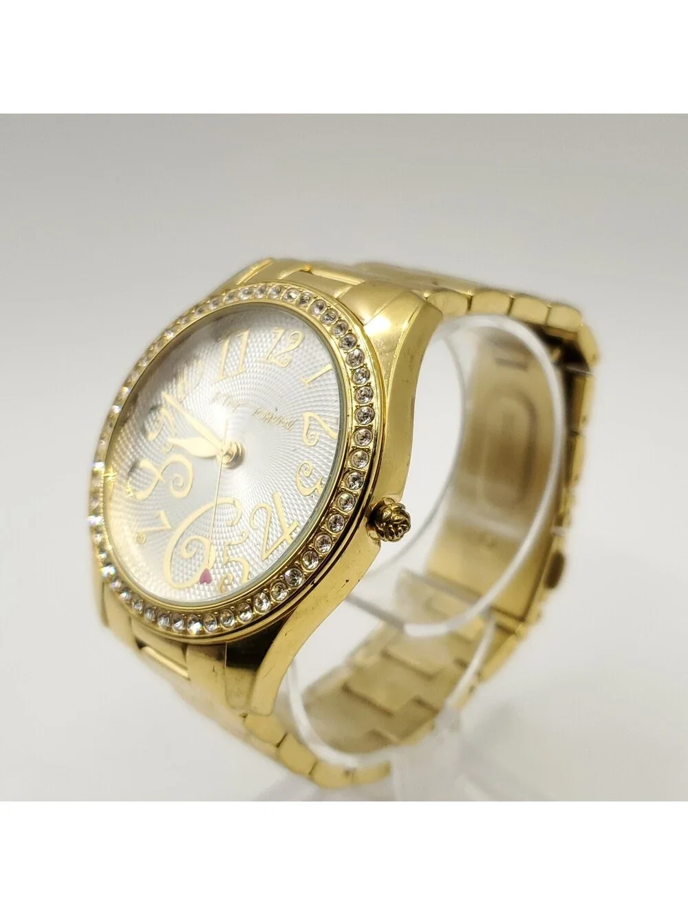 Betsey Johnson Rhinestone Bezel Gold Tone Womens Watch 39mm New Battery